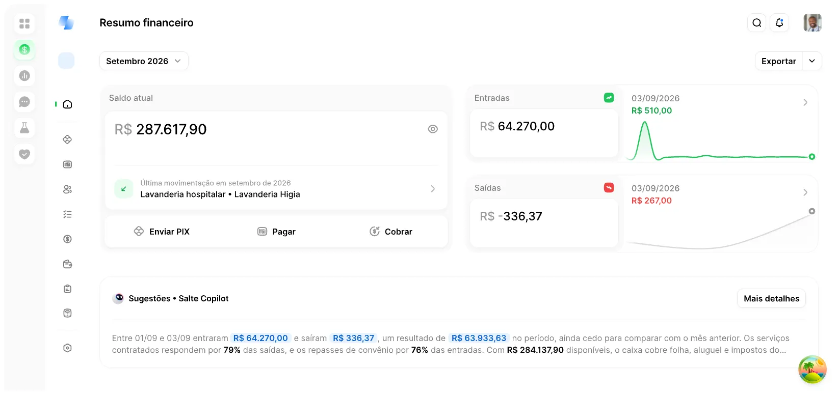 Tela Resumo financeiro: saldo atual, entradas e saídas do mês e as sugestões de Salte Copilot